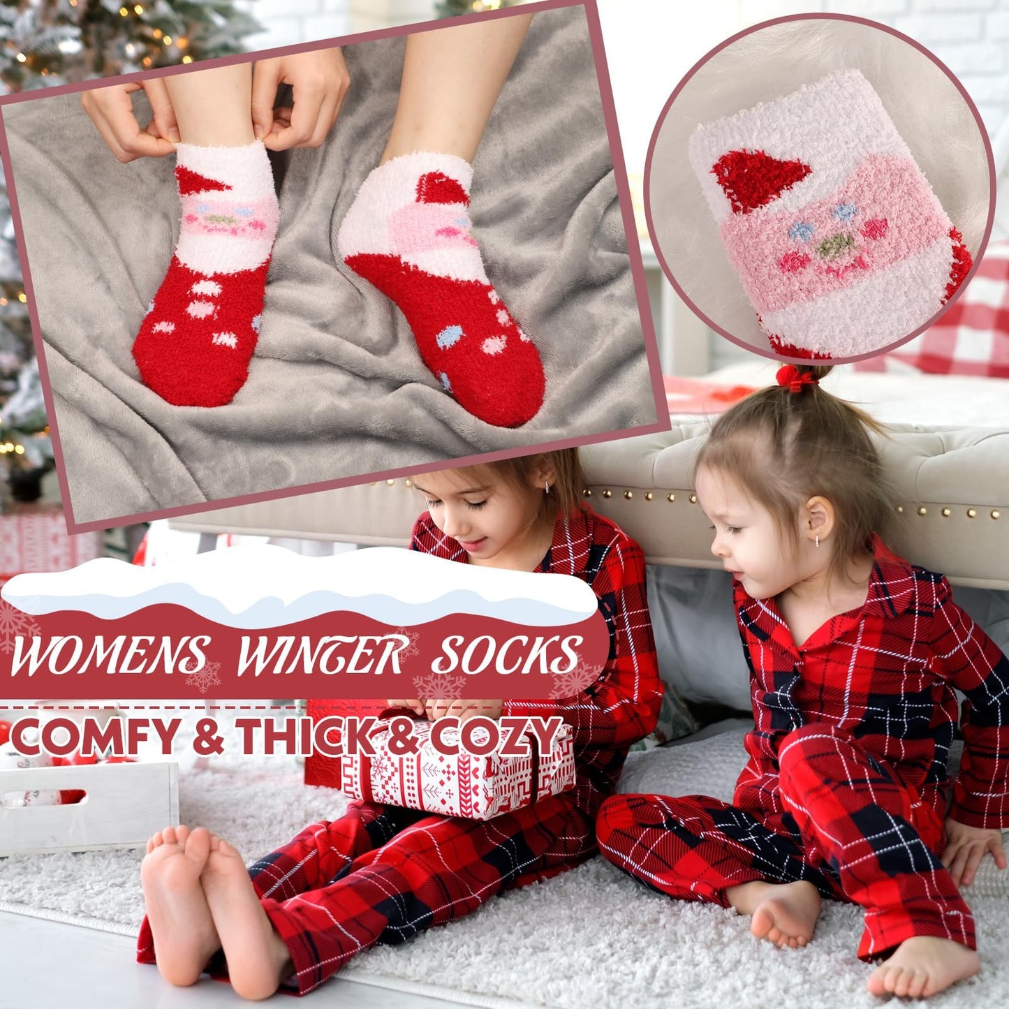 October Elf Christmas Fuzzy Socks for Kids Plush Cartoon Non Slip Fluffy Cozy Slipper Winter Warm Fleece Socks Pack of 6
