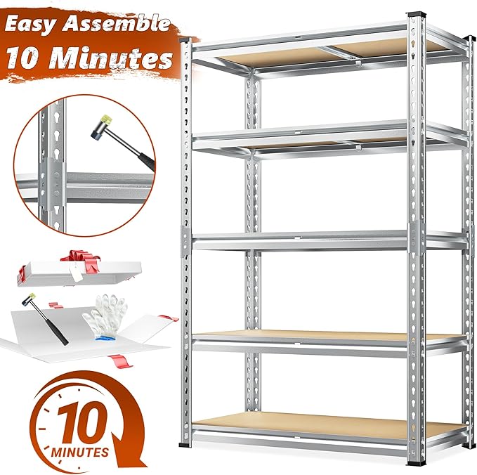 REIBII Garage Shelving, 5 Tier Storage Shelves Load 2400LBS, Adjustable Garage Shelving Heavy Duty, Metal Shelves Unit with Waterproof Columns, 35.5" W x 11.9" D x 72" H, Galvanized, 2 Pack