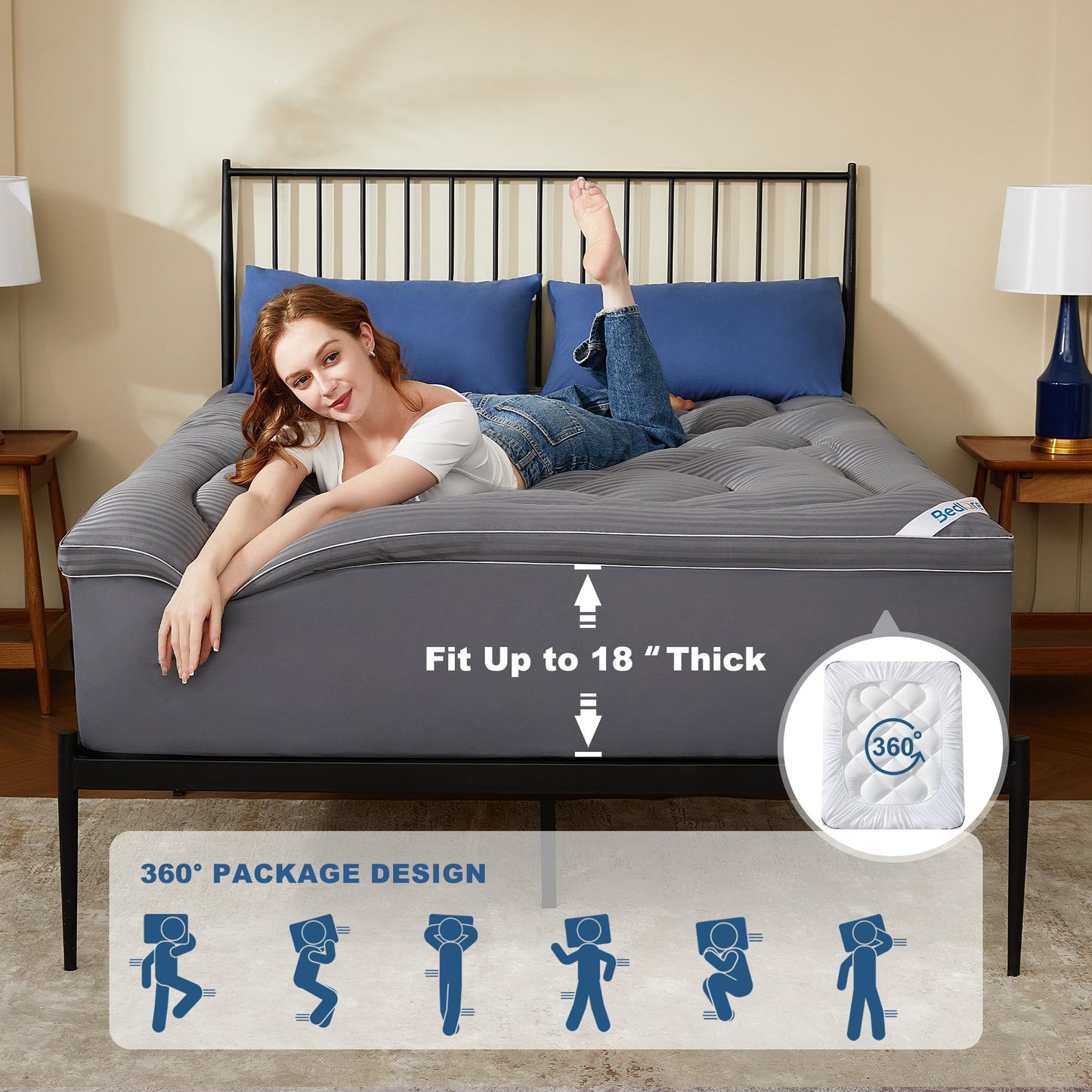 BEDLORE Queen Mattress Topper, Thick Pillow Top Pad for Back Pain Relief, Cooling Soft Mattress Cover with Deep Pockets 6-18 inch