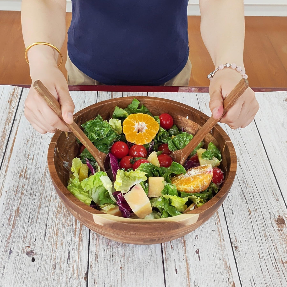 JOYMAY Salad Bowls Wood Salad Bowl Set with Lid 11.8 Inch Large Wooden Bowls Set Acacia Wood Serving-Bowl with Serving Utensils Bowl for Kitchen, Dining, Party
