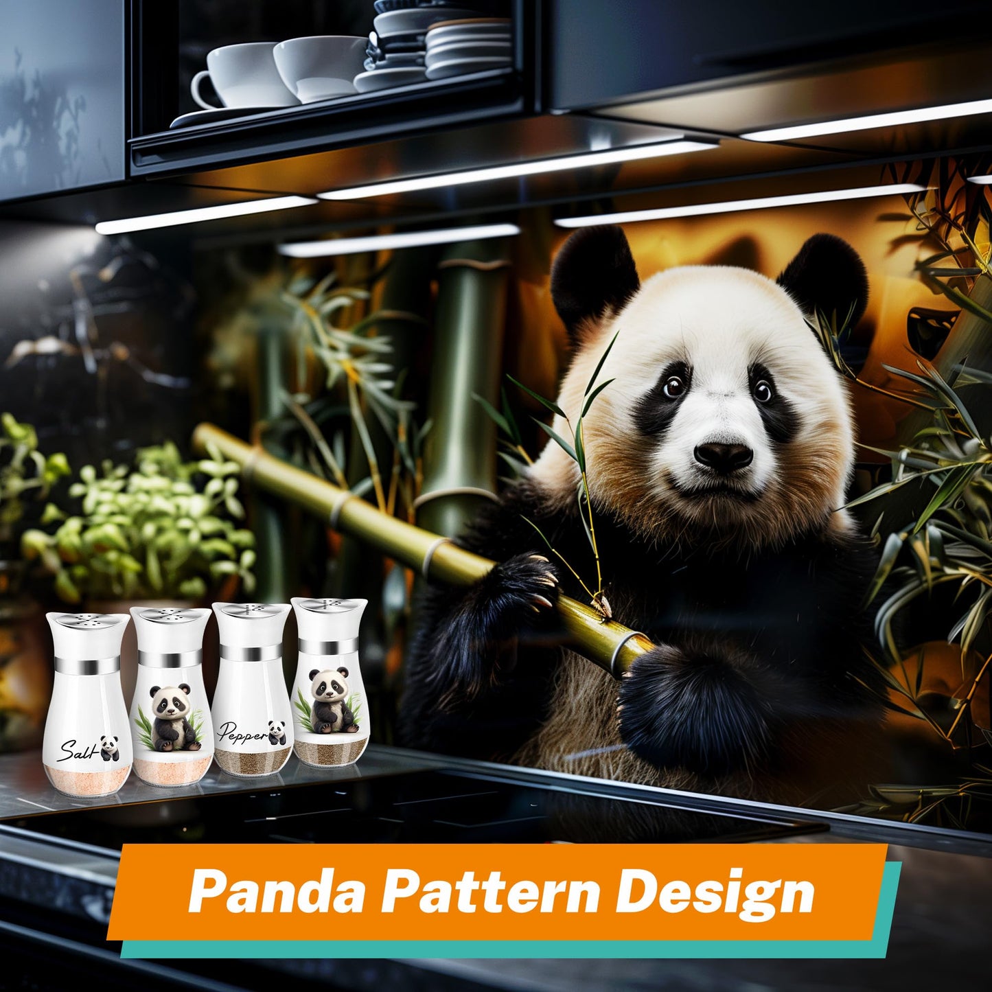 Panda Salt and Pepper Shakers Set,4 oz Glass Bottom Salt Pepper Shaker with Stainless Steel Lid Kitchen Decor and Accessories Refillable Design(Panda Eatting)