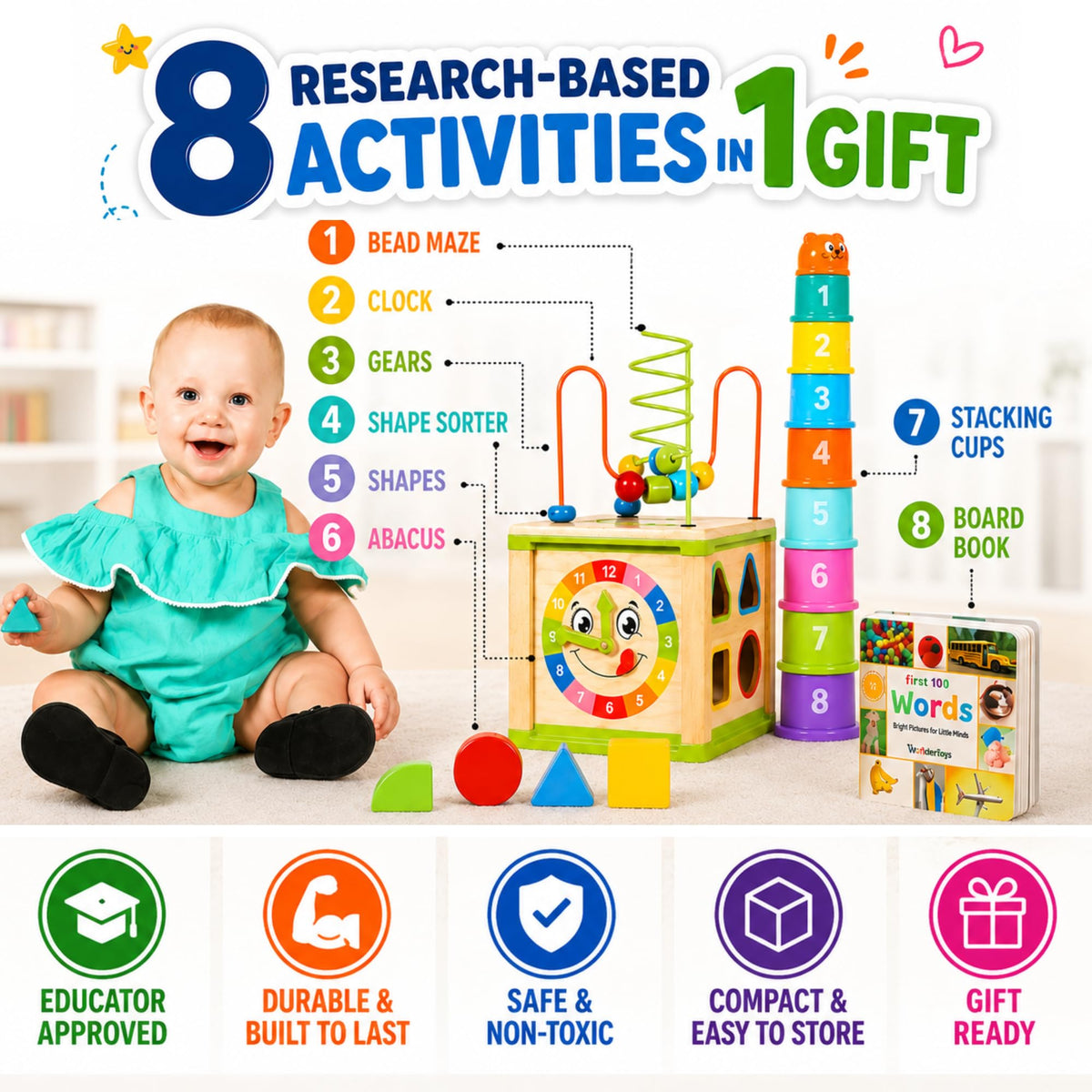 Wooden Activity Cube for Baby, Montessori Toys for 1 Year Old, Baby Toys 1 Year Old, Toys for 1+ Year Old Girl - Wooden Activity Center with Bead Maze Toy, Baby Stacking Cups, Book, in Pink Gift Box