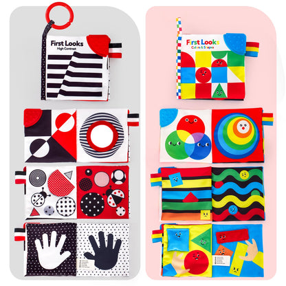 hahaland 2 Pack Baby Toys 0-6 Months, High Contrast Soft Baby Books, Hangable Sensory Toys Crinkle Cloth Books Folding Infant Toys, Newborn Toys 0-3 6 9 12 Months Boys Girls Gifts