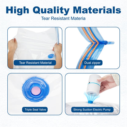 HOUSE DAY 30 Pack Vacuum Storage Bags with Electric Pump, 4 Sizes + 2 Roll-Up (5 Each), Space Saver Vacuum Seal Bags for Clothing, Bedding, Pillows, Travel – Airtight Seal, Reusable & Durable