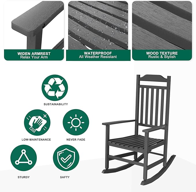 Patio Rocking Chair Outdoor Set of 4,Weather Resistant Poly Resin Oversized Porch Rocker,High Back Smooth Design,350lb Weight Capacity,Indoor Outdoor Use(4, Black)
