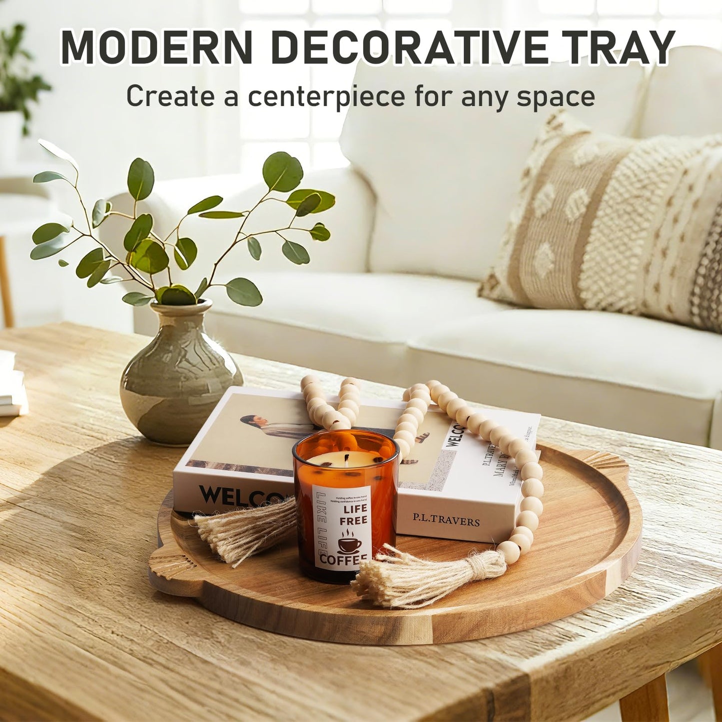 Acacia Wood Charcuterie Board with Handles 13'' - Large Round Cheese Board Serving Tray Wooden Charcuterie Serving Platter for Coffee Table, Family Gatherings, Parties & Housewarming Gifts