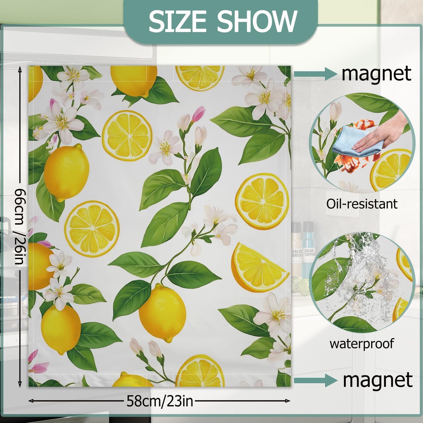 Dishwasher Cover,Lemon Fruit Reusable Dishwasher Magnet Cover,Decorative White Flowers Magnetic Refrigerator Cover Front Panel Cover for Kitchen Decor 23x26 Inch