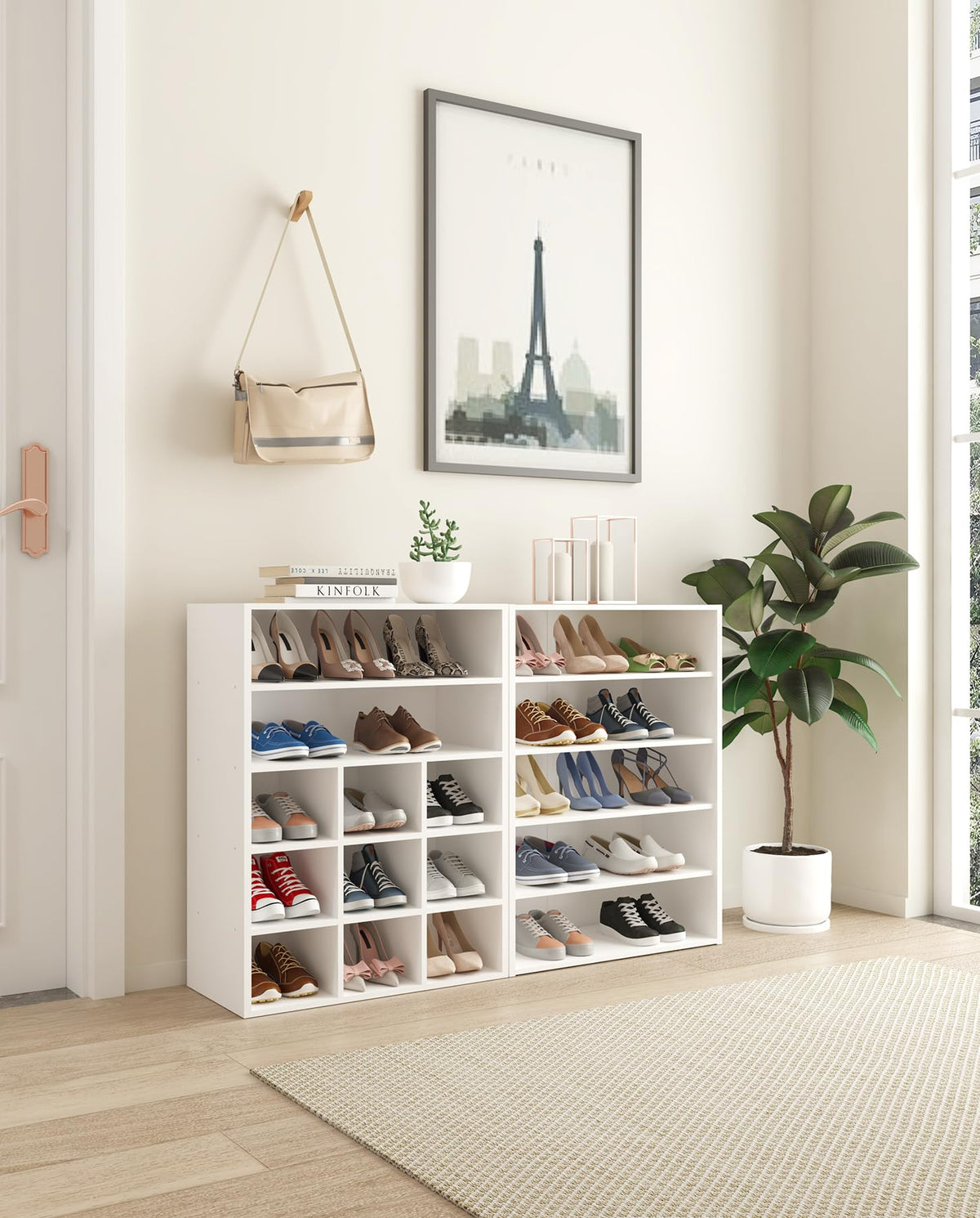 HAIOOU Shoe Cubby, 9-Cube Stackable Wood Shoe Rack Organizer 5-Tier Freestanding Wooden Shoe Stand with 2 Storage Shelf for 10-15 Pairs, Ideal for Apartment, Entryway, Closet Organization - White