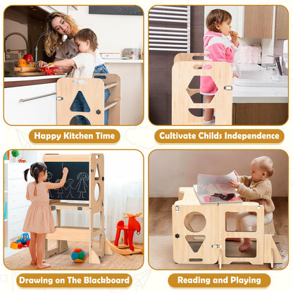 Woodure 4-in-1 Toddler Kitchen Step Stool, Foldable Learning Standing Tower with Blackboard, Wooden Kitchen Stool Helper for Kids, 1-3 Year Old Boy Girl Gifts