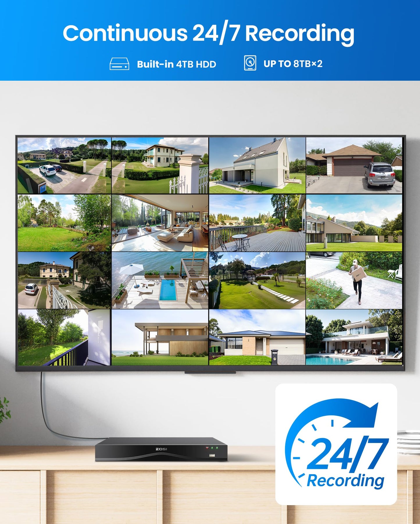 ZOSI 16CH 4K PoE Security Camera System, 8pcs 8MP Outdoor Metal Cameras with Audio, People Counting, Person/Vehicle Detection, Night Vision, 16 Port 32CH NVR with 4TB HDD for Business 24/7 Recording