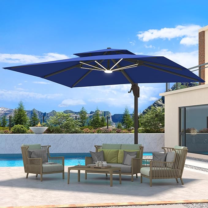 10 X 13 FT Cantilever Patio Umbrella with LED Lights Outdoor Heavy Duty Double Top Windproof Rectangle Offset Umbrellas with 360-degree Rotation for Pool Deck Backyard, Navy