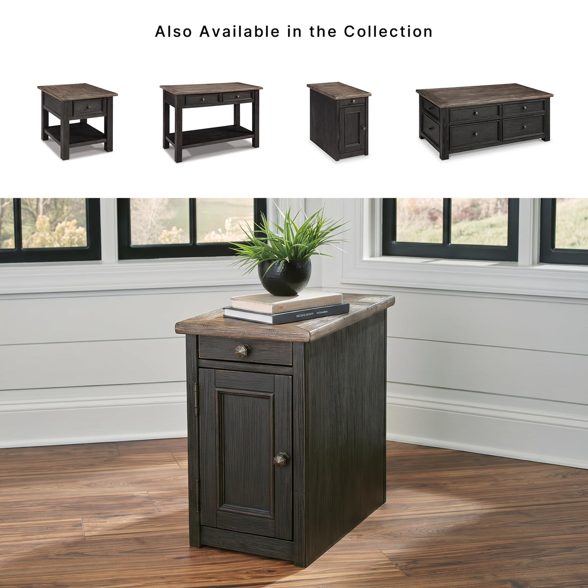 Signature Design by Ashley Tyler Creek Rustic Chair Side End Table with Pull-Out Tray & USB Ports, Brown