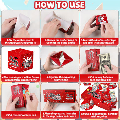 WenmthG 2026 Graduation Surprise Gift Box Explosion for Money - 10 Pcs Grad Pop Out Folding Bounce Money Gift Box with Confetti - Cash Gift Idea for Grad - Graduation Money Bank Party Supply (Red)