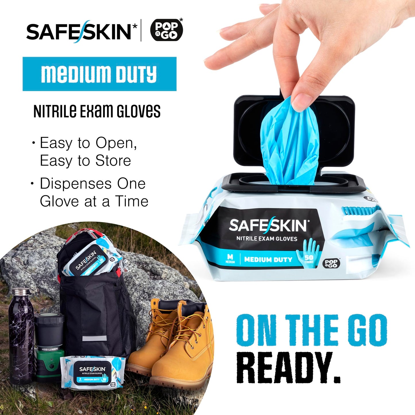 SAFESKIN* Nitrile Disposable Gloves in POP-N-GO* Pack, Medium Duty, Medium Size, Powder-Free - For Food Handling, First Aid, Cleaning, Gardening, Crafting - Exam Gloves, 50-Count