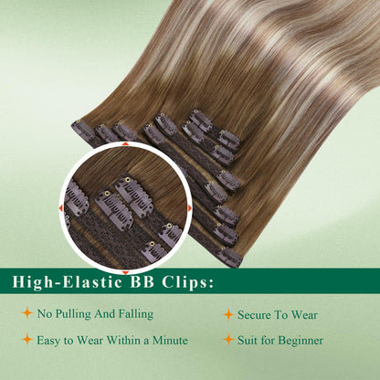 Easyouth Clip in Hair Extensions Human Hair Balayage Remy Hair Extensions Clip in Human Hair Ombre Clip in Human Hair Extensions Dark Brown to Light Brown and Medium Blonde 120g 7Pcs 18 Inch