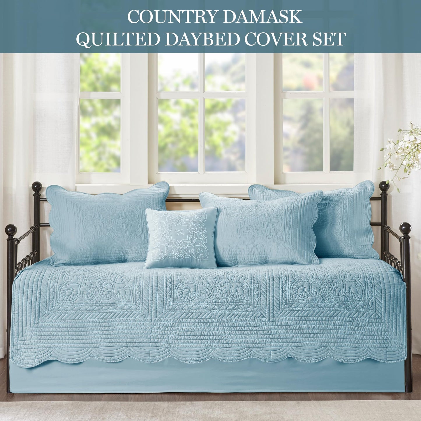 Madison Park Daybed Cover Set Damask Quilted Cover for Daybeds, All Season, Pre-Washed Cotton-Filled Coastal Bedding with Scallop Edge, Shams, Bedskirt, Décor Pillows, Tuscany, 39"x75", Blue 6 Piece
