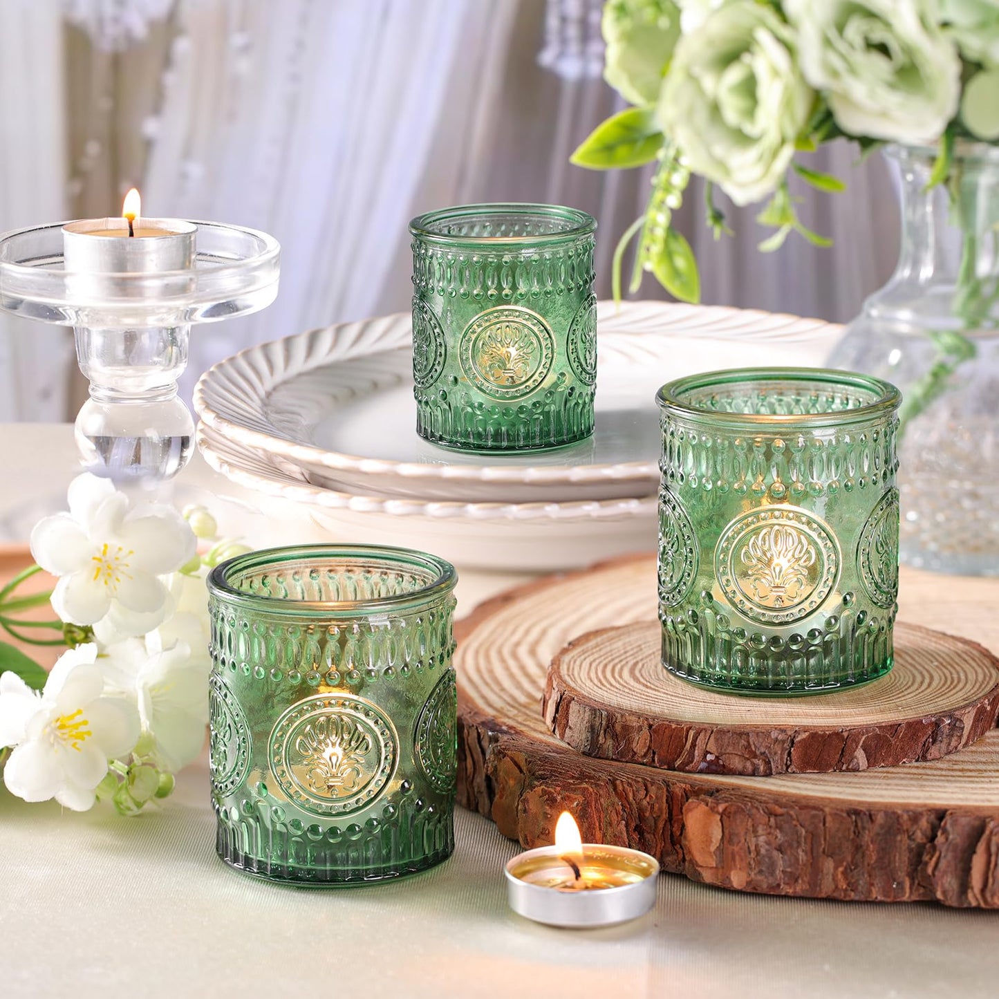 MATAHUM 36 Pcs Green Votive Candle Holders, Tea Light Candle Holders for Wedding Centerpiece, Glass Candle Holders for Table Centerpiece, Home and Party Decorations