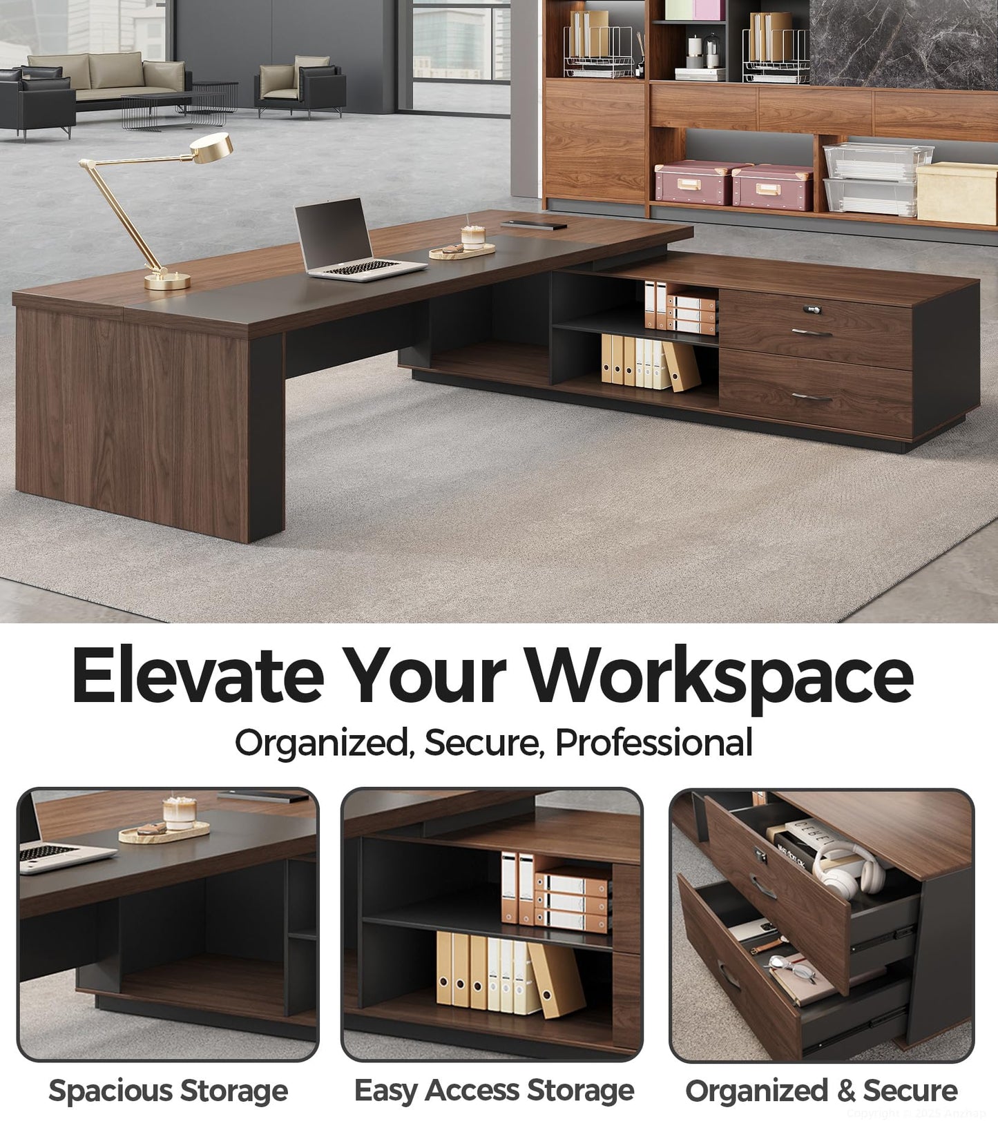 Anzhap 63" Reversible L-Shaped Executive Desk with Drawers – Compact Office Computer Desk with Open Shelves, LED Lighting, Built-in Outlet & USB Ports for Home, Office, School (63" W x 63" D x 30" H)