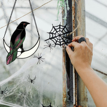 Lcensp Stained Glass Crow on Moon Decor Window Hangings Ornament, Gothic Raven Suncatcher Halloween Decorations, Handmade Crow Birds Gifts Sun Catchers Indoor Window Home Decor.