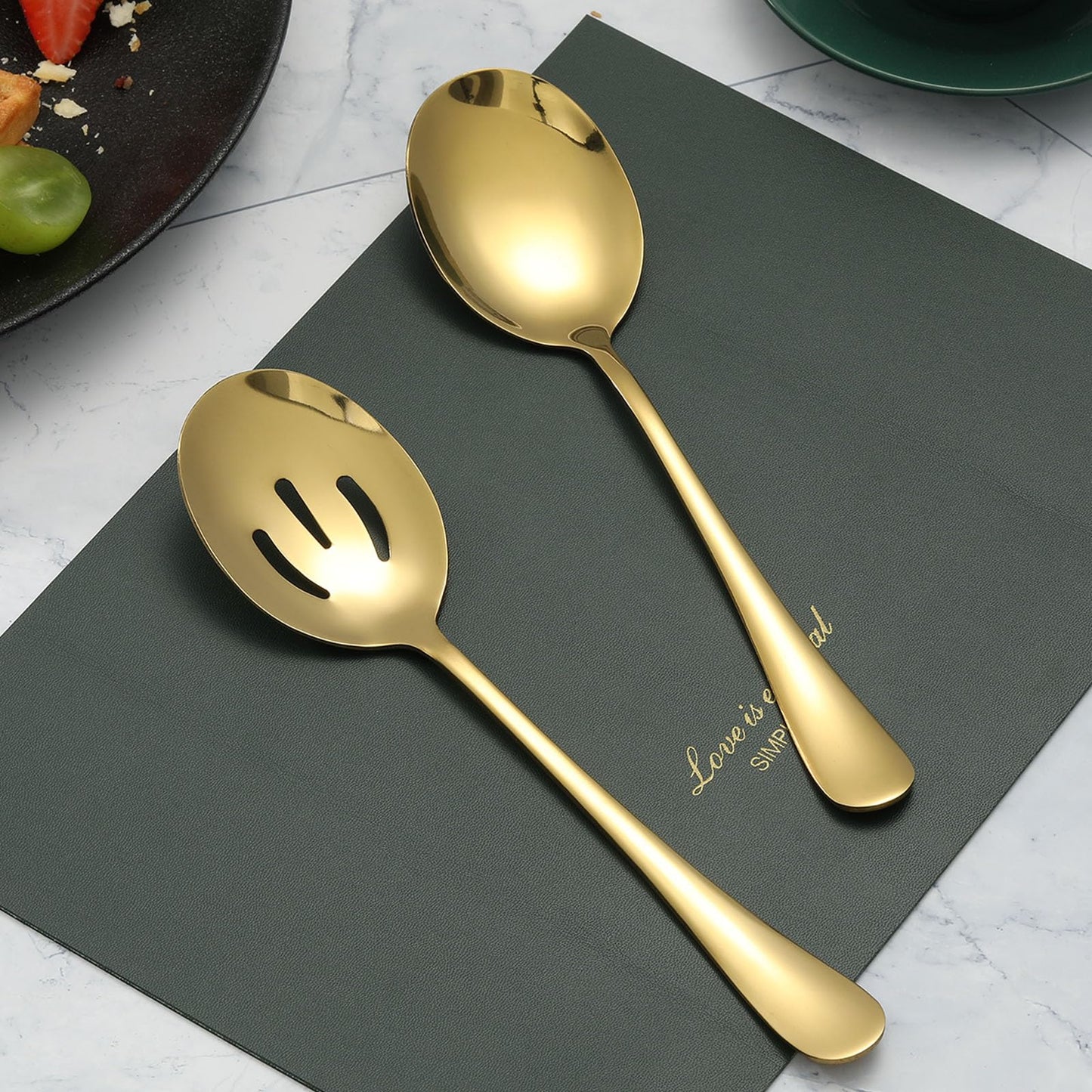 6 Pieces Serving Spoons Set, 8.7 Inch Serving Spoon, Includes 3 Server Spoon and 3 Slotted Spoons, Stainless Steel Buffet Banquet Large Utensils Cutlery Set for Kitchen, Gold