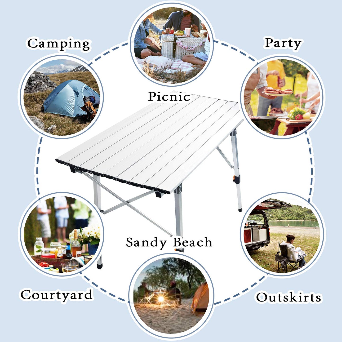 CampLand Aluminum Table Height Adjustable Folding Table Camping Outdoor Lightweight for Camping, Beach, Backyards, BBQ, Party