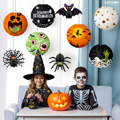 KatchOn, Halloween Paper Lanterns & Honeycomb Set – Pack 9 | Hanging Halloween Decorations Indoor, Outdoor | Spooky Hanging Decorations | Halloween Honeycomb for Halloween Party Decorations