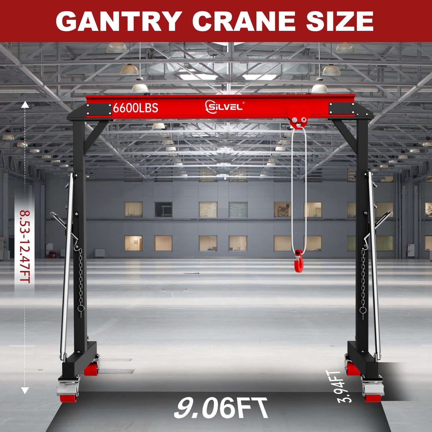 SILVEL 3 Ton 6600Lbs Gantry Crane, 8.53FT Maximum Capacity Width, Adjustable Height 8.53-12.47FT, Portable Shop Lift Hoist with 3 Ton Manual Trolley for Factories, Warehouses, Garage, Red