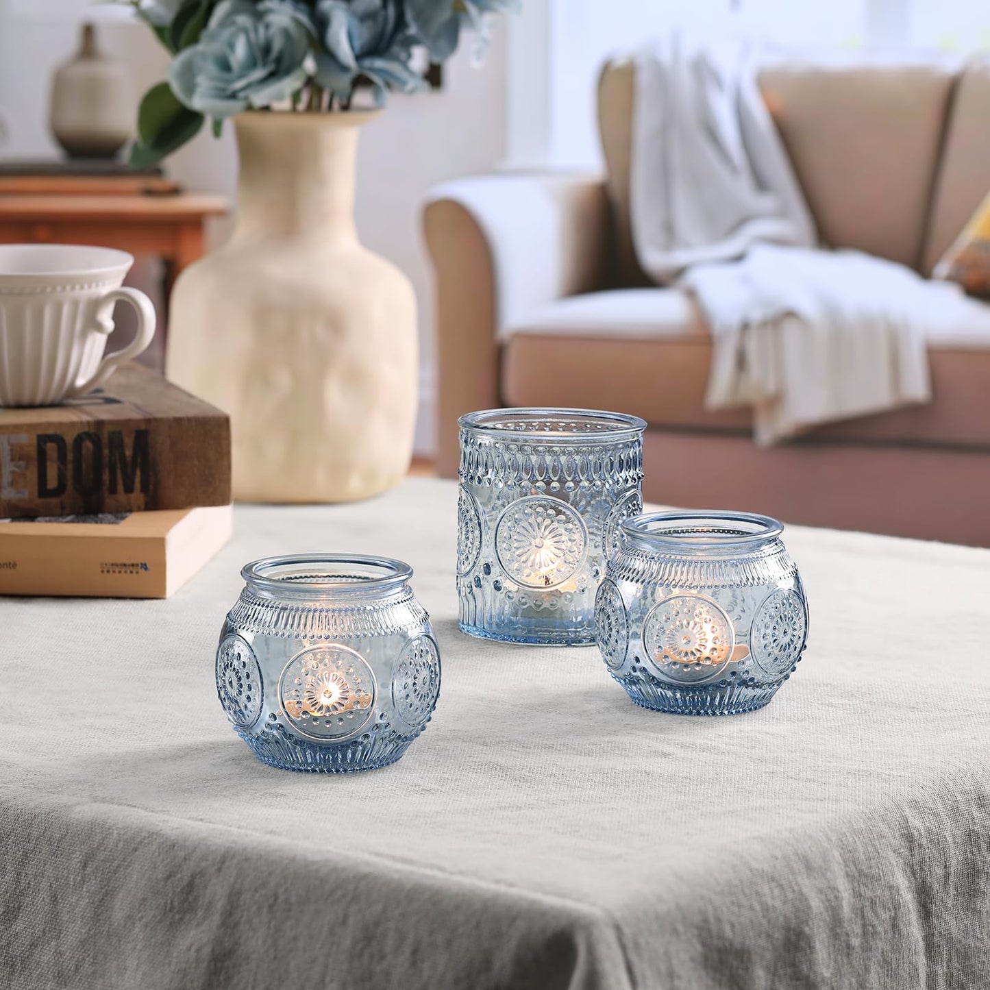 DARJEN Blue Votive Candle Holders- 10Pcs Glass Tealight Candle Holder, Size Upgrade Design for Home Decor, Elegant Candle Holder for Party & Dinner Table Centerpieces, Living Room Decor Gifts