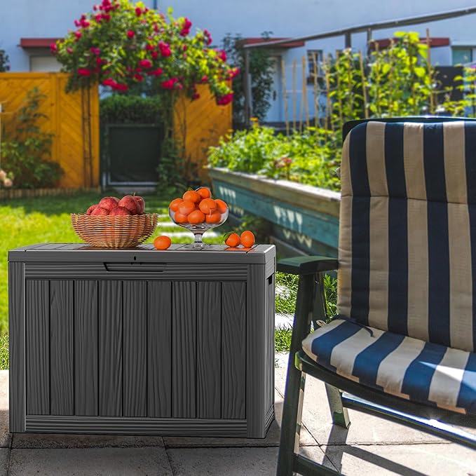 ROJIK Outdoor Storage Housing Deck Box - Waterproof Patio Furniture, Garden Tools, Cushions, Pool Accessories Storage Bench with Lockable Lid and Side Handles (Black 48 Gal)