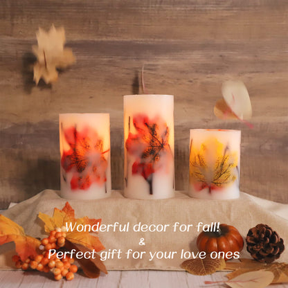 Crystal Club Fall Flameless Candles with Remote and Timer, Autumn Maple Leaves Battery Operated Candles Flickering LED Pillar Candles for Autumn Harvest Halloween Thanksgiving Decor