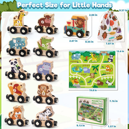 Toys for 1 2 3 Year Old Boys Girls, Montessori Toys Magnetic Wooden Train Set Gifts for 2-3-4 Year Old Boy Girl Educational Toddler Toy Birthday Presents Age 1+ Kids Animal Farm Games with Track Mat