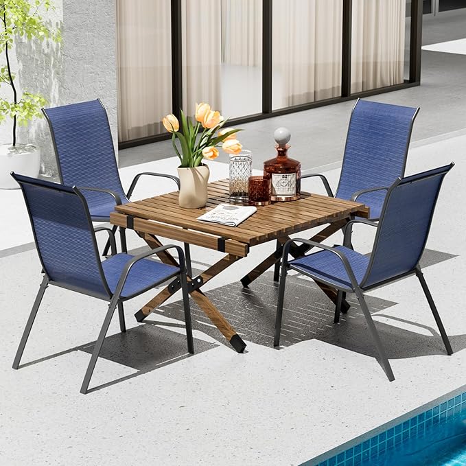 TLSUNNY Patio Chairs, Stackable Textilene Outdoor Dining Furniture for All Weather, with 17.7″ Wide Seat & Metal Frame, for Garden, Backyard, Deck, Restaurant, Poolside (4, Navy Blue, 26.4″)