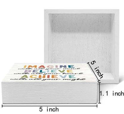 SRADMO Inspirational Wood Box Sign Desk Decor, Imagine Believe Achieve Motivational Theme Wooden Block Box Sign Decoration for Home Office Workplace Desk Shelf Table Decor