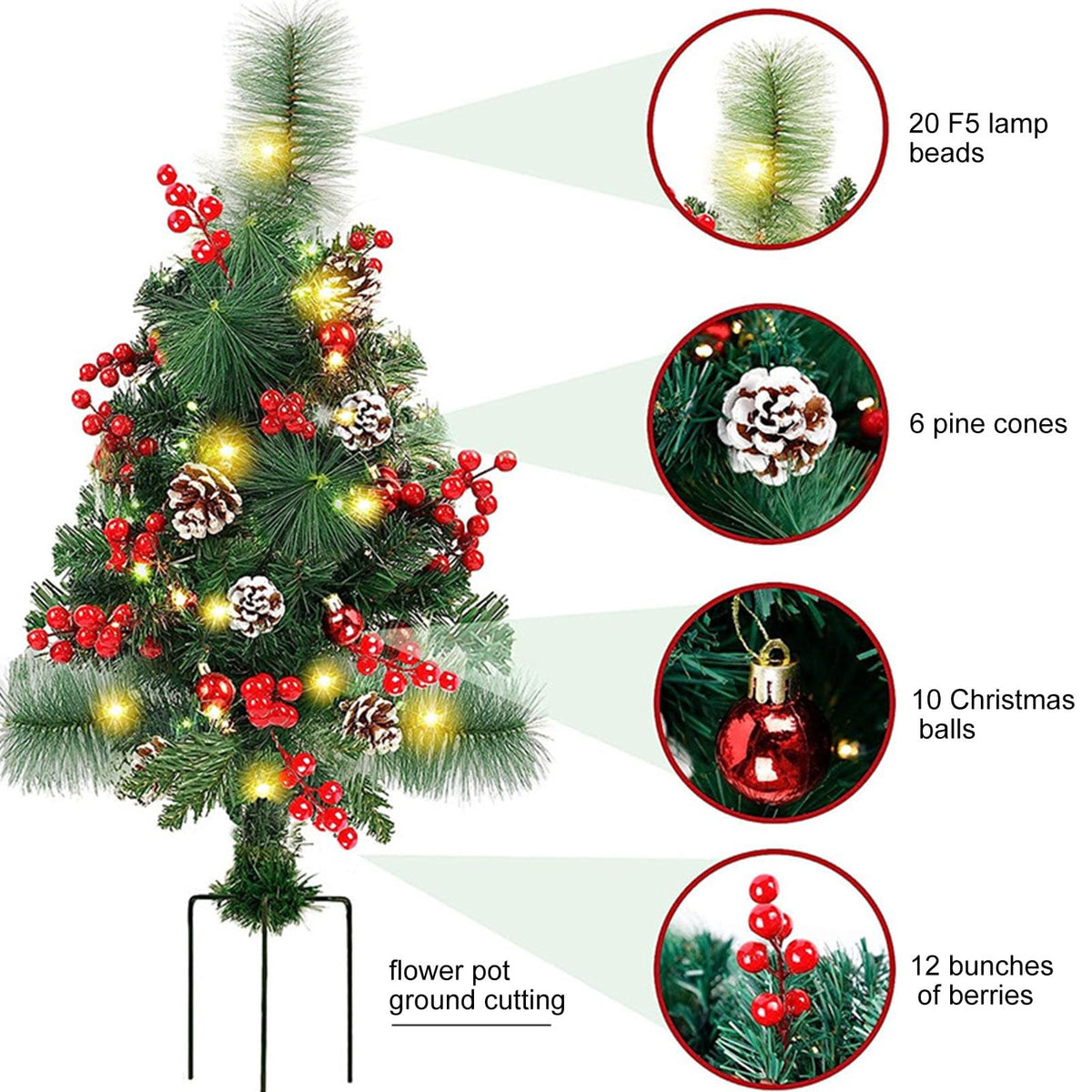 Prelit Artificial Christmas Trees Lights 17.2 Inch Solar Christmas Tree Pathway Lights with Stake Red Berries Pinecones Waterproof Xmas Urn Filler Solar Stake Lights Garden Decor(1Pcs/Solar Powered)