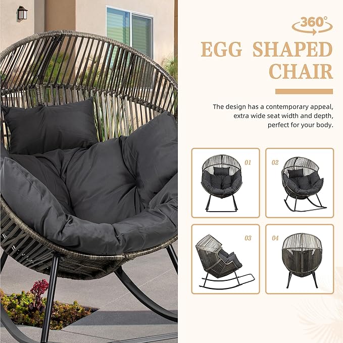 Vongrasig Wicker Rocking Egg Chair PE Rattan with Cushion, Oversized Patio Lounge Rocker Chair for Outdoor, Indoor, Balcony, Backyard, Garden, Black/Rattan