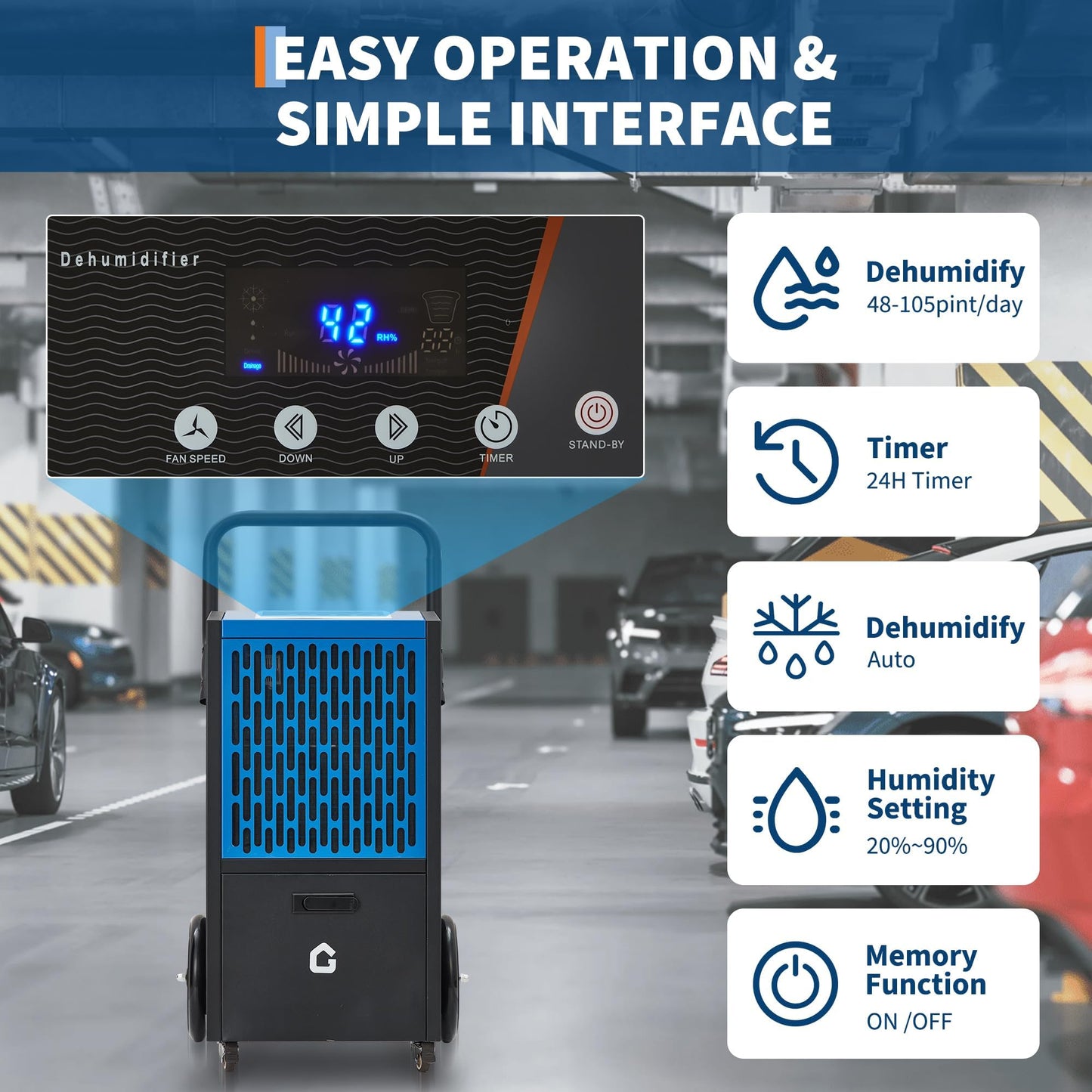 105 Pints Commercial Dehumidifier for Basement, Large Industrial Humidity Remover with Drain Hose, Timer, and 4 Wheels, 110V/60Hz/520W, Ideal for Flood Repair, Drying Basement, Warehouse, and Factory