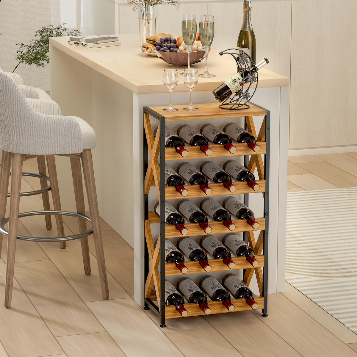 LUMAMU 20 Bottle Wine Rack Freestanding Floor with Wood Top,Wobble-Free 5 Tier Wine Display Storage Stand Shelf,Stackable Modular Wine Bottle Holder Rack for Kitchen,Cellar,Living Room