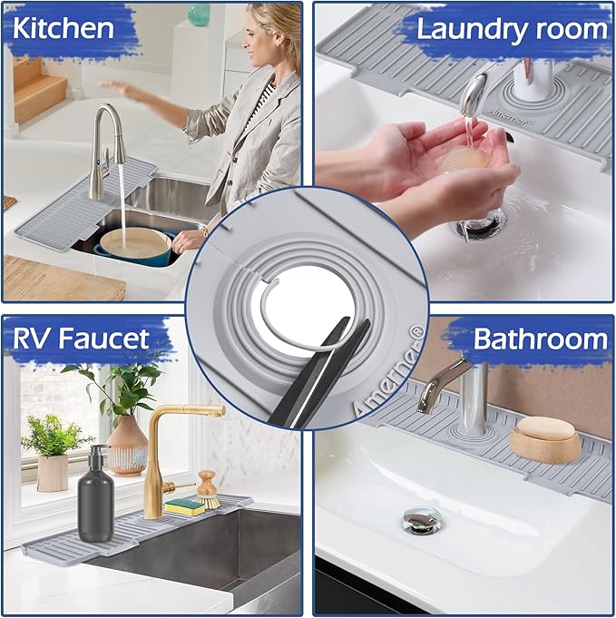 20 inch Kitchen Sink Splash Guard, 10° Large Slope & Adaptable Hole Faucet Mat