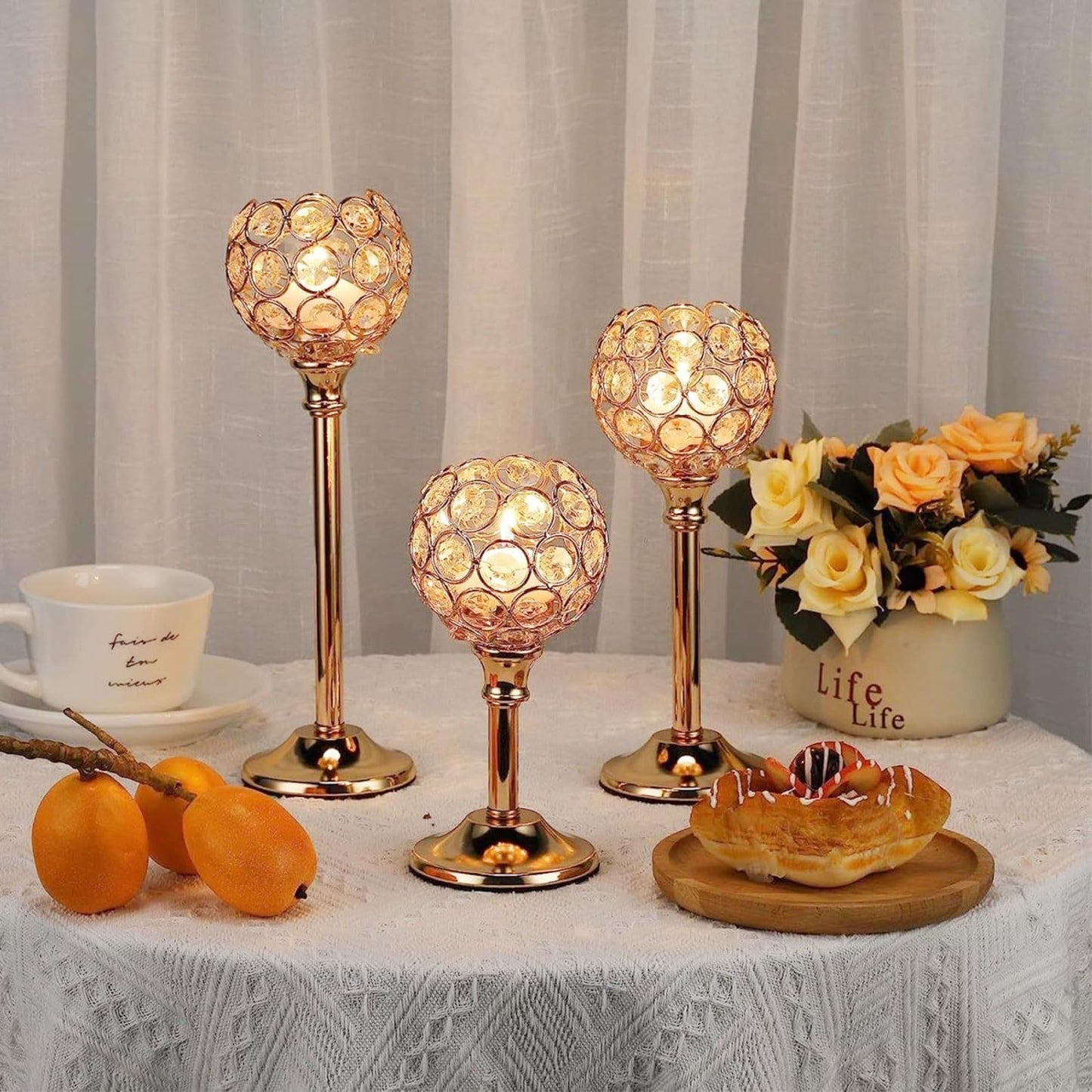 HearthLume Candle Holder Candlestick Holders- 1Set Gold Crystal Pillar Candle Holders,Metal Candlestick Stands for Wedding Centerpieces,Table Decor for Church,Valentine's Day Housewarming Gift,3Pcs