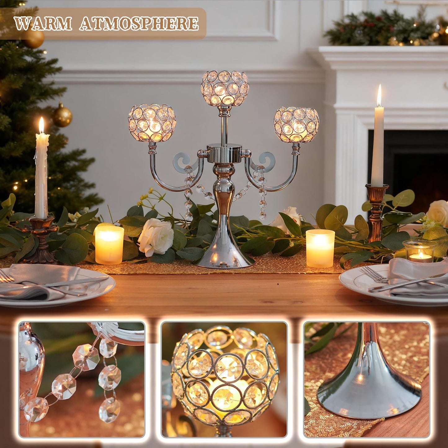 3-Arm Metal Candelabra with Crystal Bowls, Tealight Holder Centerpiece for Birthday, Dining Table, Party Decor, Christmas and Home Decoration (2, Silver)