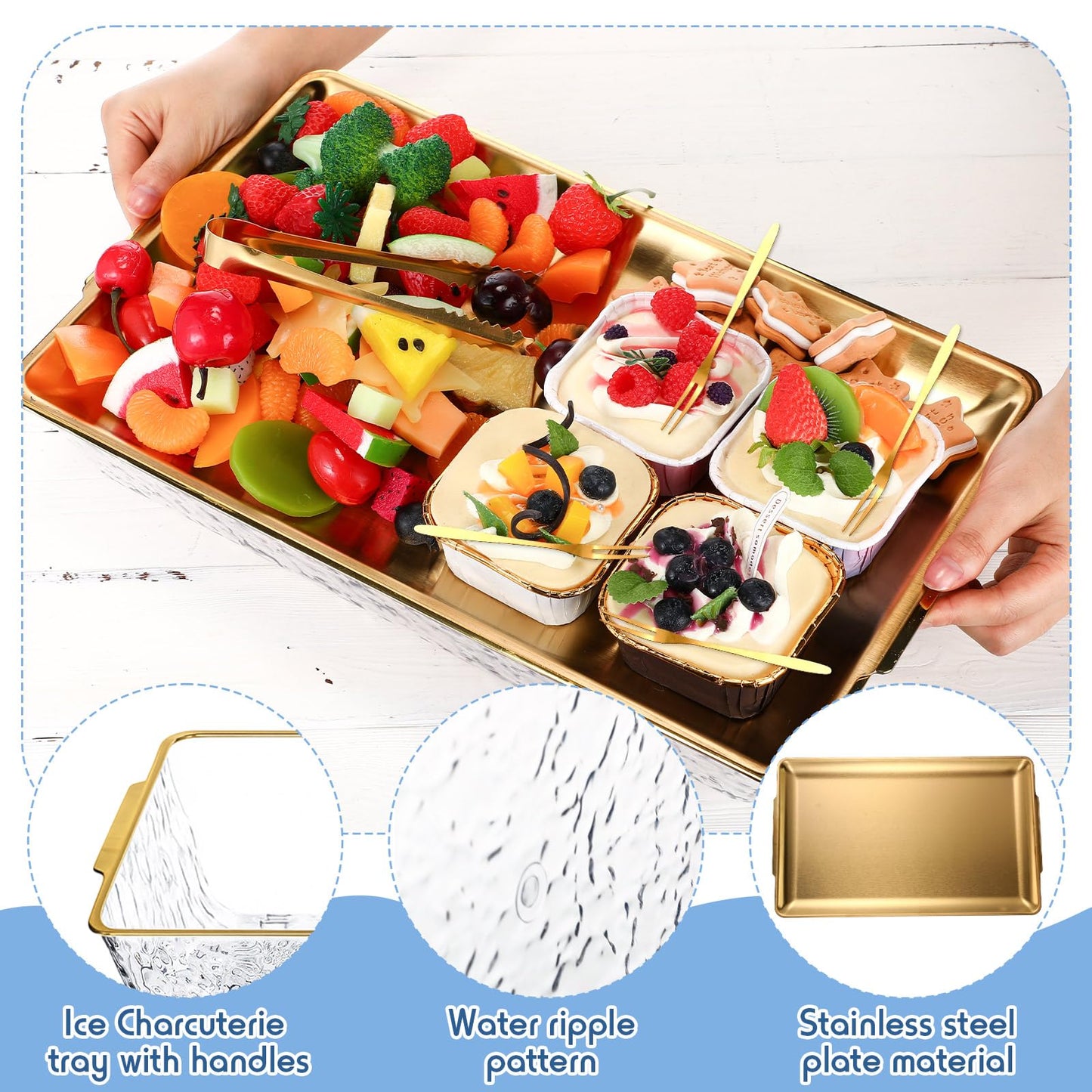 Baderke 2 Set 16 x 9.45 Chilled Serving Tray for Parties with Compartments Ice Chilled Party Platter Charcuterie Serving Board with Forks Tongs for Fruit Seafood Vegetable Appetizer (Gold)