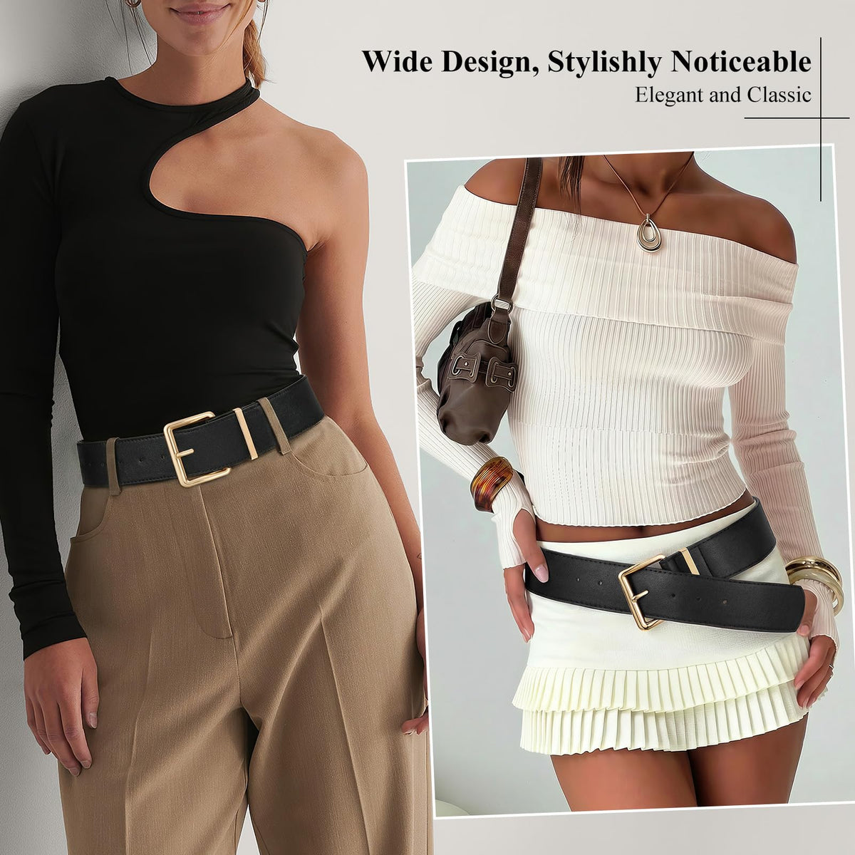 XZQTIVE Women Wide Chunky Belt for Dresses Fashion Thick Leather Belt with Gold Buckle, Black(Fit Waist Size 33"-39")
