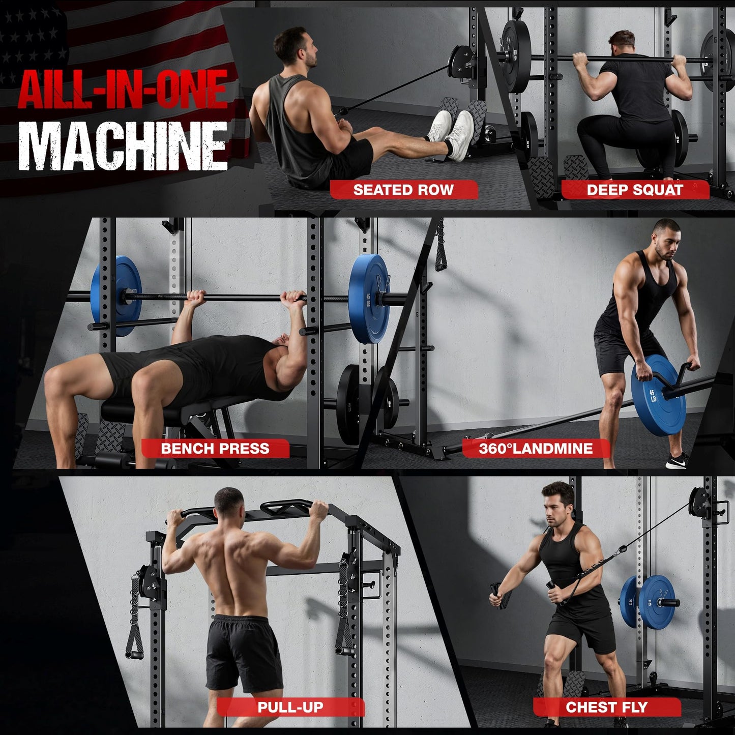 GOIMU DP01 Power Cage, 2000LBS Squat Rack with Cable Crossover and Dual Independent Pulley System, Full Cage for Full Body Training, Power Rack with More Training Attachments for Home Gym(Black)