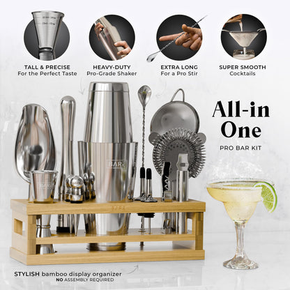 BARE BARREL® Mixology Bartender Kit Bar Set | 16-Piece Cocktail Shaker Set | Martini Barware Mixing Tools for Home Bartending | Incl. 35 Recipe Cards | Gift Set (28oz Boston Shaker, Silver/Natural)