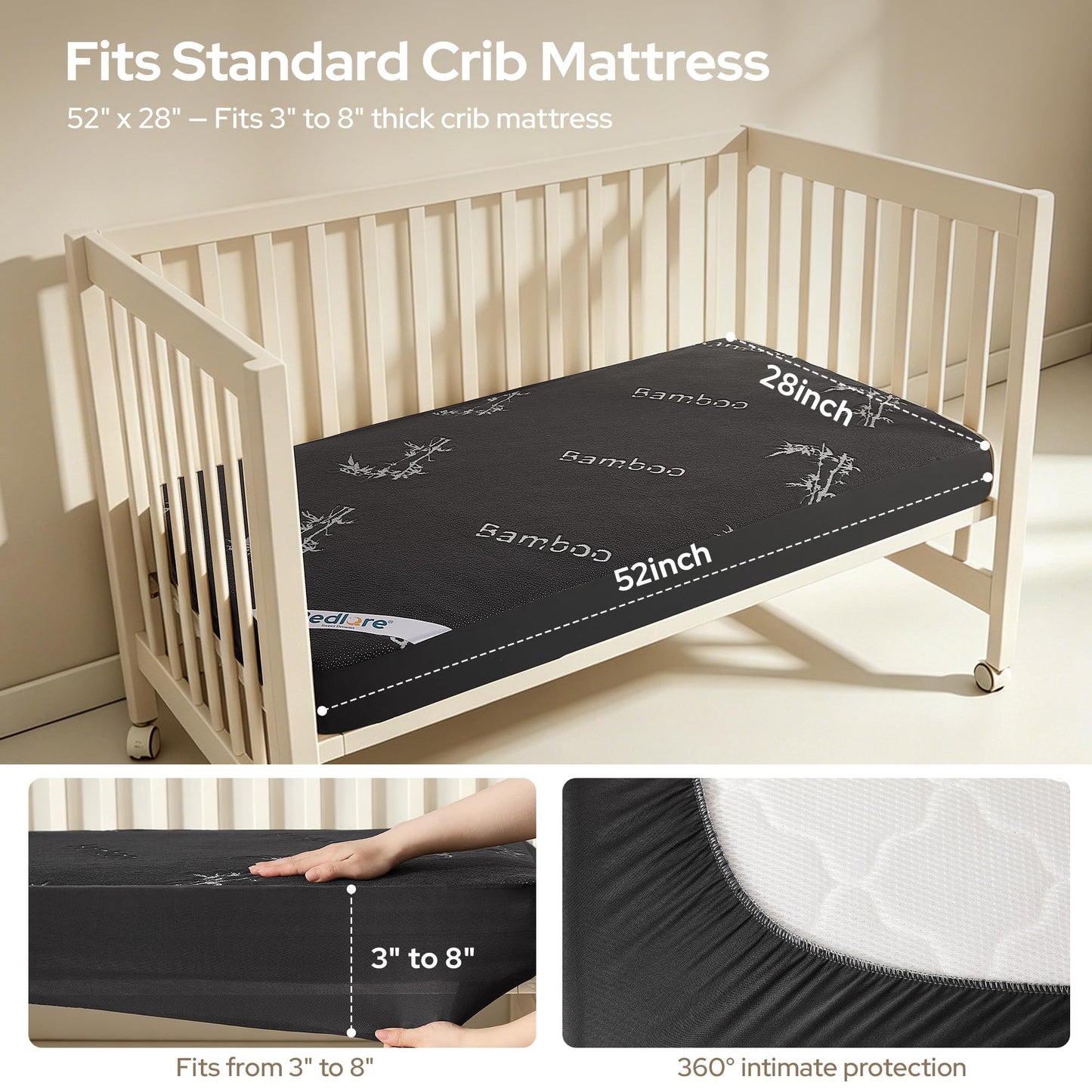 BEDLORE Waterproof Crib Mattress Protector 2 Pack, Ultra Soft Bamboo Viscose Crib Mattress Pad Cover, Noiseless Toddler Mattress Protector for Standard Baby Mattress Size 52''x28'', Dark Gray