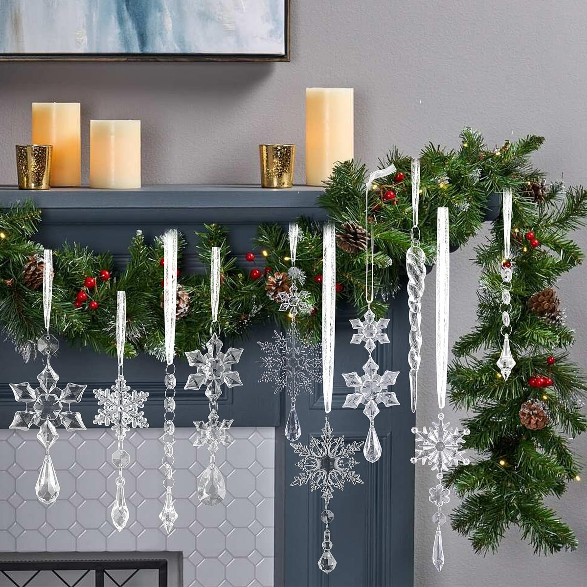 CCINEE 32pcs Crystal Hanging Ornaments, Acrylic Snowflakes Decorations for Valentine Easter Tree for Winter Wonderland Wedding Parties Home Pendants