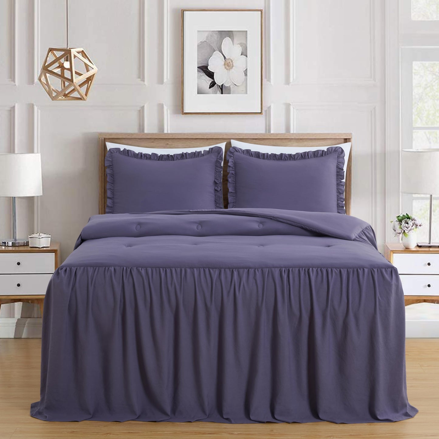 Chezmoi Collection Sinclair 3-Piece Ruffle Skirt Bedspread Set - Soft Lightweight Crinkle Texture Microfiber Bedding - French Country Chic Farmhouse - Queen, Dusty Purple