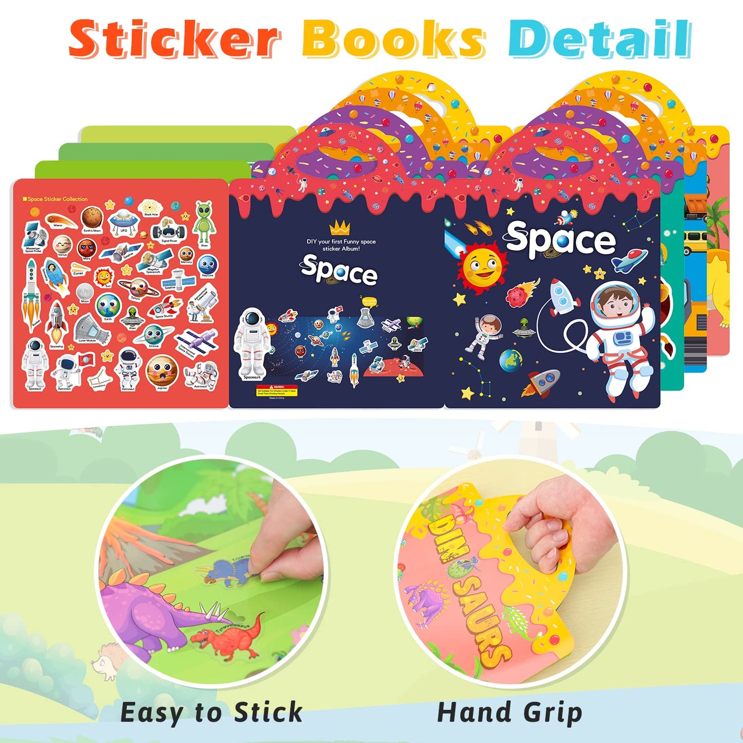 GUYUCOM 4 Pack Reusable Sticker Books, Toys for Age 3 4+ Year Old Kids Boys Girls Toddlers, 3D Clear Animal Space Vehicles Dinosaur Sticker Book Educational Learning Toy Birthday Gifts