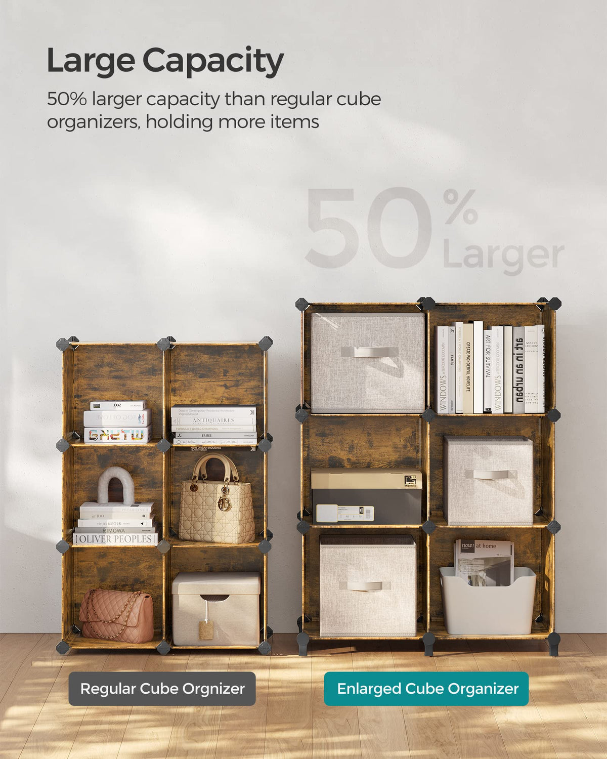 SONGMICS 6 Cube Storage Organizer, Modular Bookshelf, DIY Closet Organizers and Storage, Plastic Stackable Shelves, 14.6 x 13 x 13 Inch Cubes, with Feet and Rubber Mallet, Rustic Brown ULPC206A01