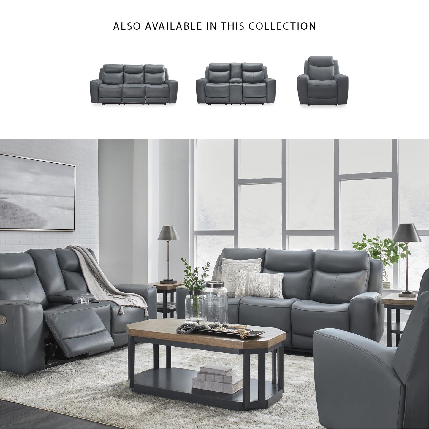 Signature Design by Ashley Mindanao Modern Leather Match Upholstered Power Reclining Loveseat with Console, USB Ports and Cup Holders, Gray